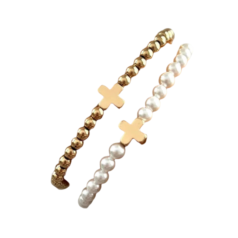 Gracie Cross Bracelet 14K Gold Plated Pearl Stretch: Gold
