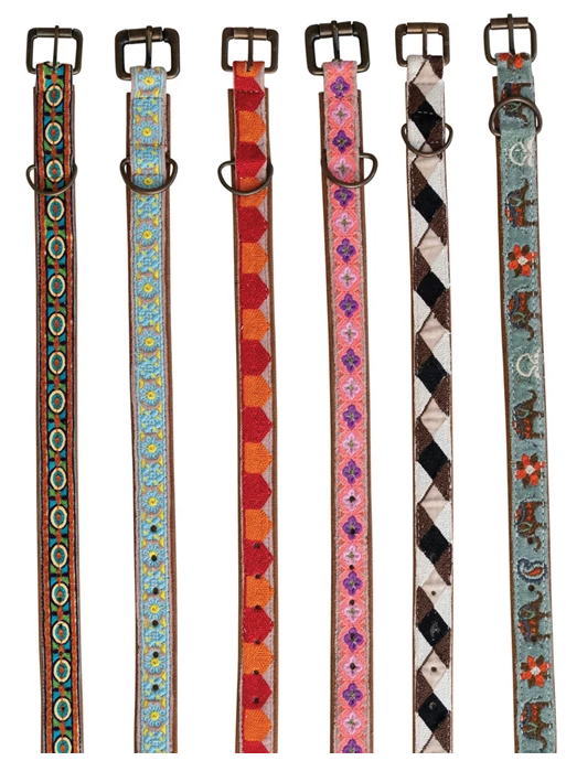 Cotton & Leather Dog Collar w/ Embroidery & Metal Buckle, Multi Color, 6 Styles, Extra Small