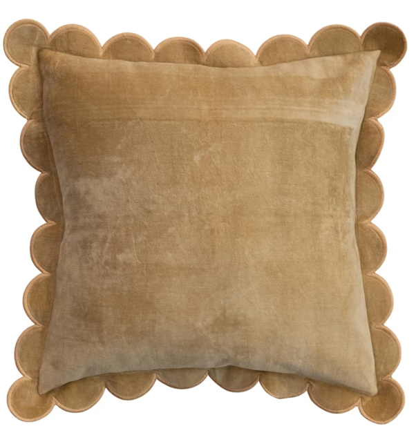 Cotton Velvet Pillow w/ Scalloped Flange & Embroidered Edge, Mustard Color