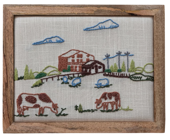 Mango Wood Framed Cotton Embroidered Wall Decor with Farm & Animals