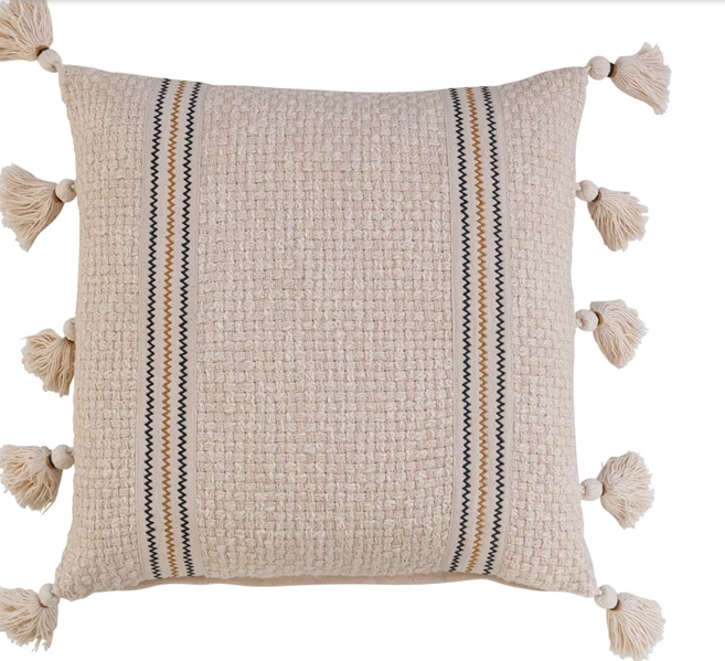 18" Square Woven Cotton Pillow w/ Embroidery & Tassels
