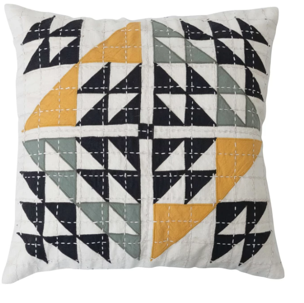 20" Cotton Patchwork Pillow w/ Kantha Stitch