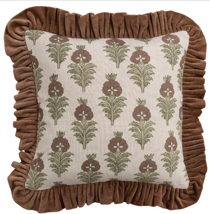 18" Square Cotton Slub Printed Pillow with Velvet Ruffle