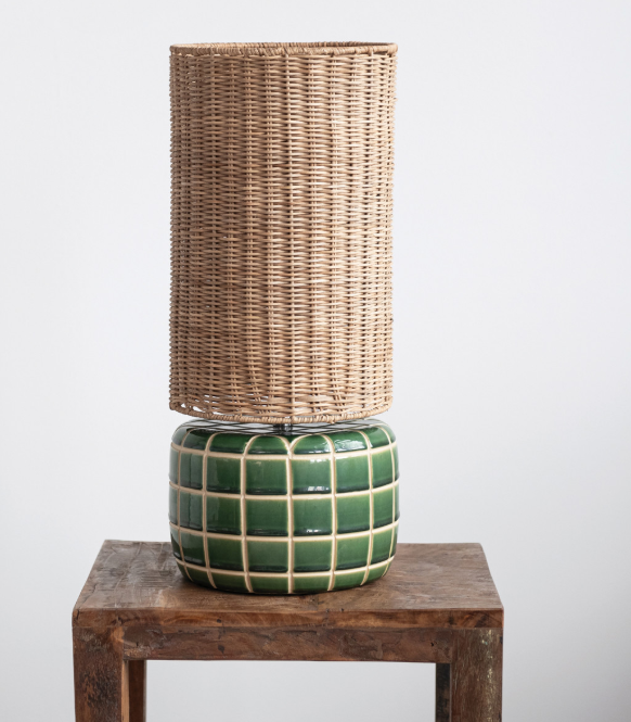 Ceramic Tiled Table Lamp with Hand-Woven Rattan Shade
