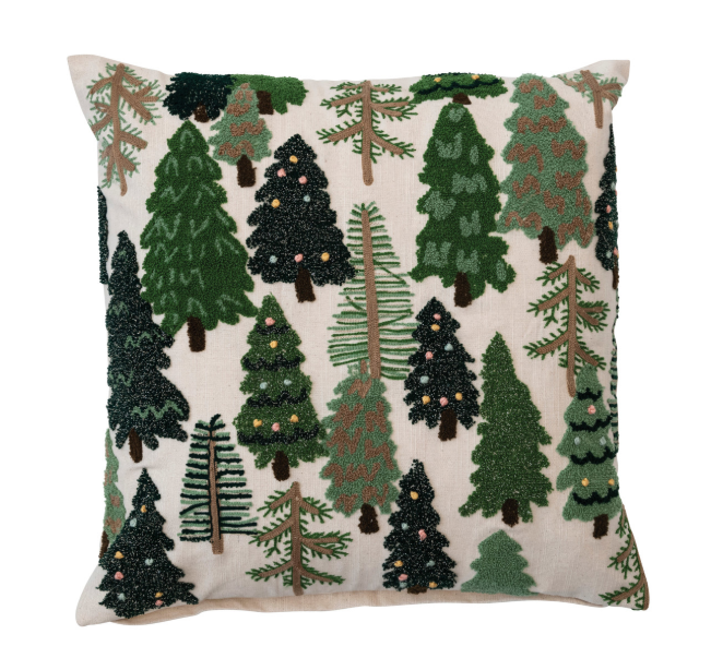 20" Square Cotton Embroidered Pillow w/ Trees & French Knots, Multi Color