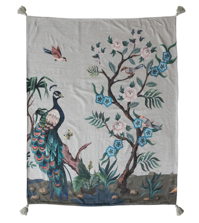 60"Lx50"W Chenille Peacock & Bird Throw