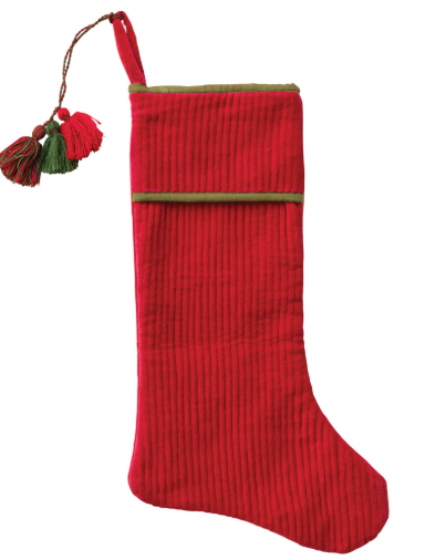 Velvet Quilted Stocking with Red & Green Tassels