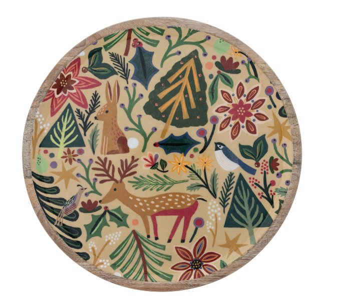 Enameled Mago Wood Tray with Animals and Botanicals