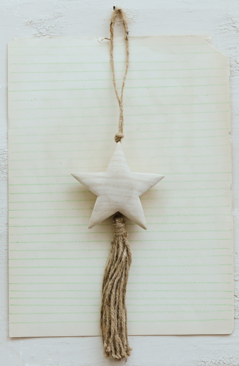 Paulownia Wood Star Ornament with Jute Tassel, Natural