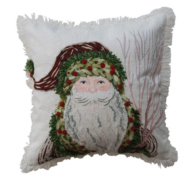 18" Square Cotton Slub Printed Pillow with Santa, Embroidery & Fringe