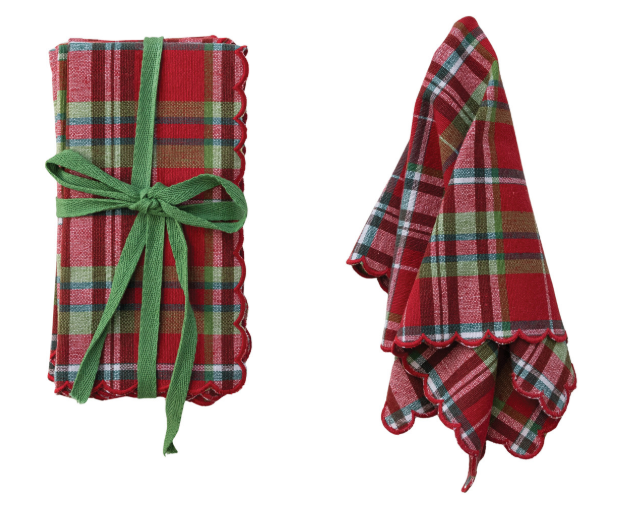 Woven Cotton Scalloped Napkins with Stitched Edges, Set of 4 Tied with Green Cotton Tape