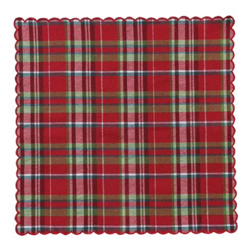 Woven Cotton Scalloped Napkins with Stitched Edges, Set of 4 Tied with Green Cotton Tape