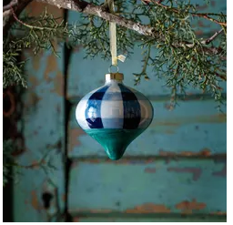 Hand Painted Green & Blue Plaid Glass Ornament