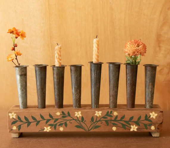 Eight Metal Bud Vases with Hand-Painted Wooden Base