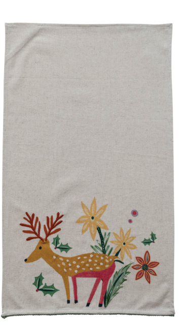Cotton & Linen Printed Tea Towel with Embroidery & Mini Pom Pom Trim, 2 Styles