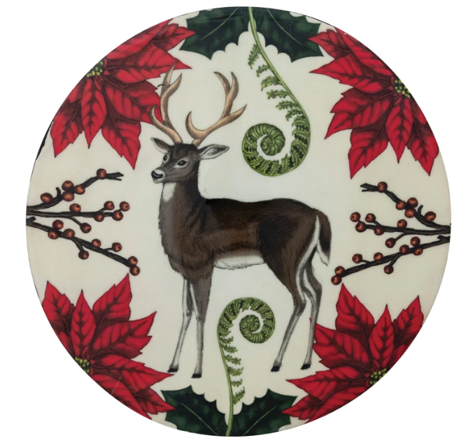 Enameled Mango Wood Pedestal with Seasonal Botanicals & Deer & Espresso Finish