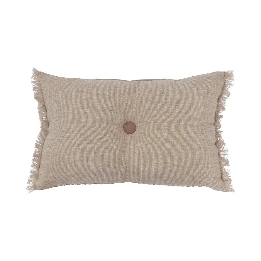 16" x 10" Linen & Cotton Tufted Two-Sided Lumbar Pillow with Button & Fringe