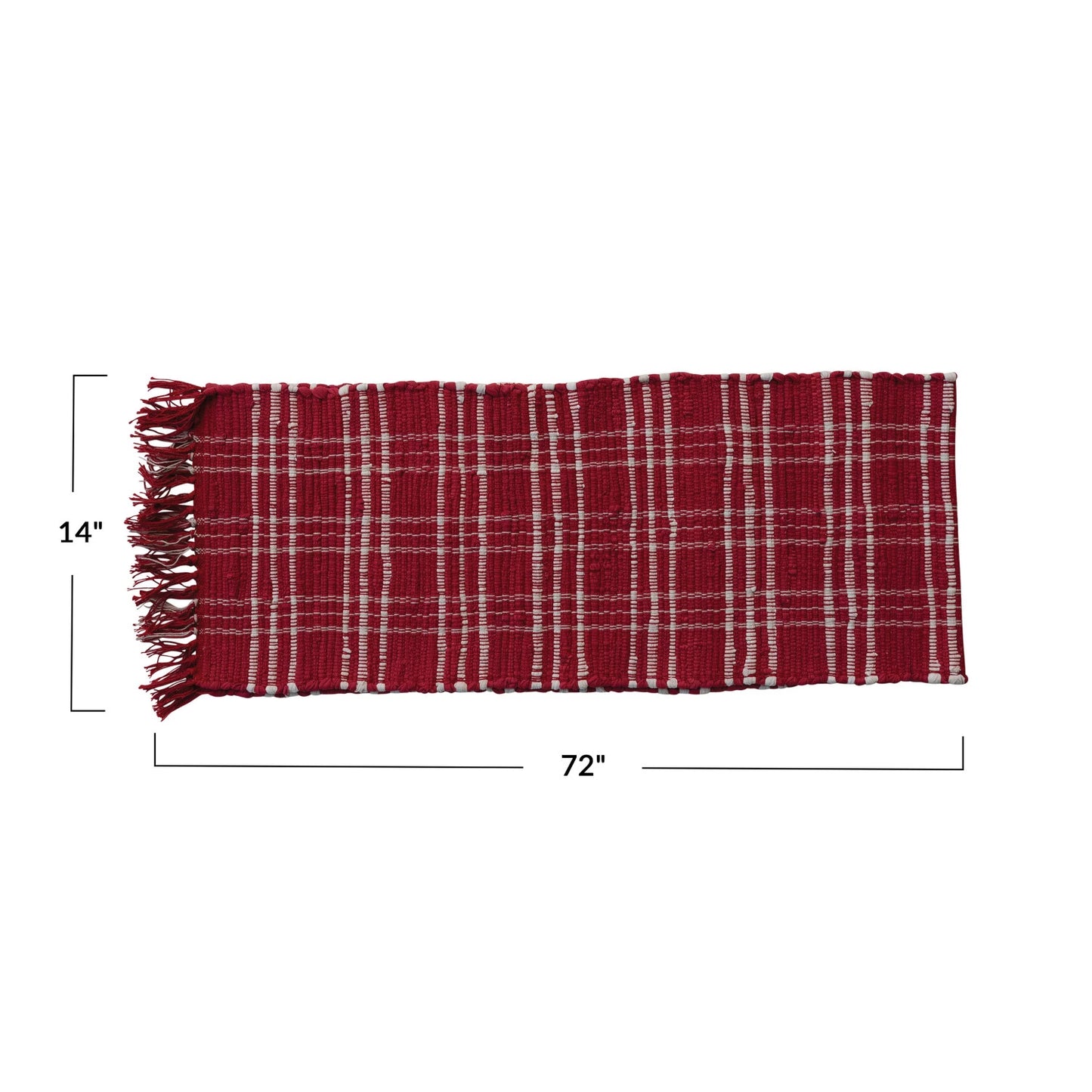 Red & White Plaid Hand-Woven Cotton Chindi Table Runner w/ Fringe