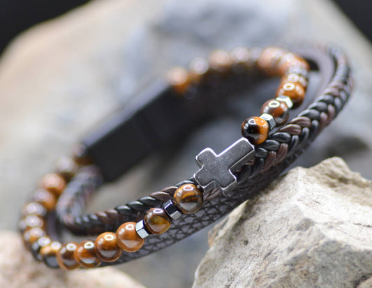 Cross Leather Tiger Eye Men's Bracelet
