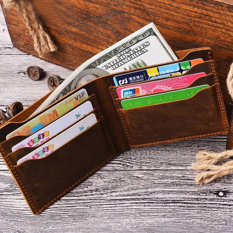 Leather Wallet,  Bifold Wallet, Handmade Wallet for Men: Dark Brown