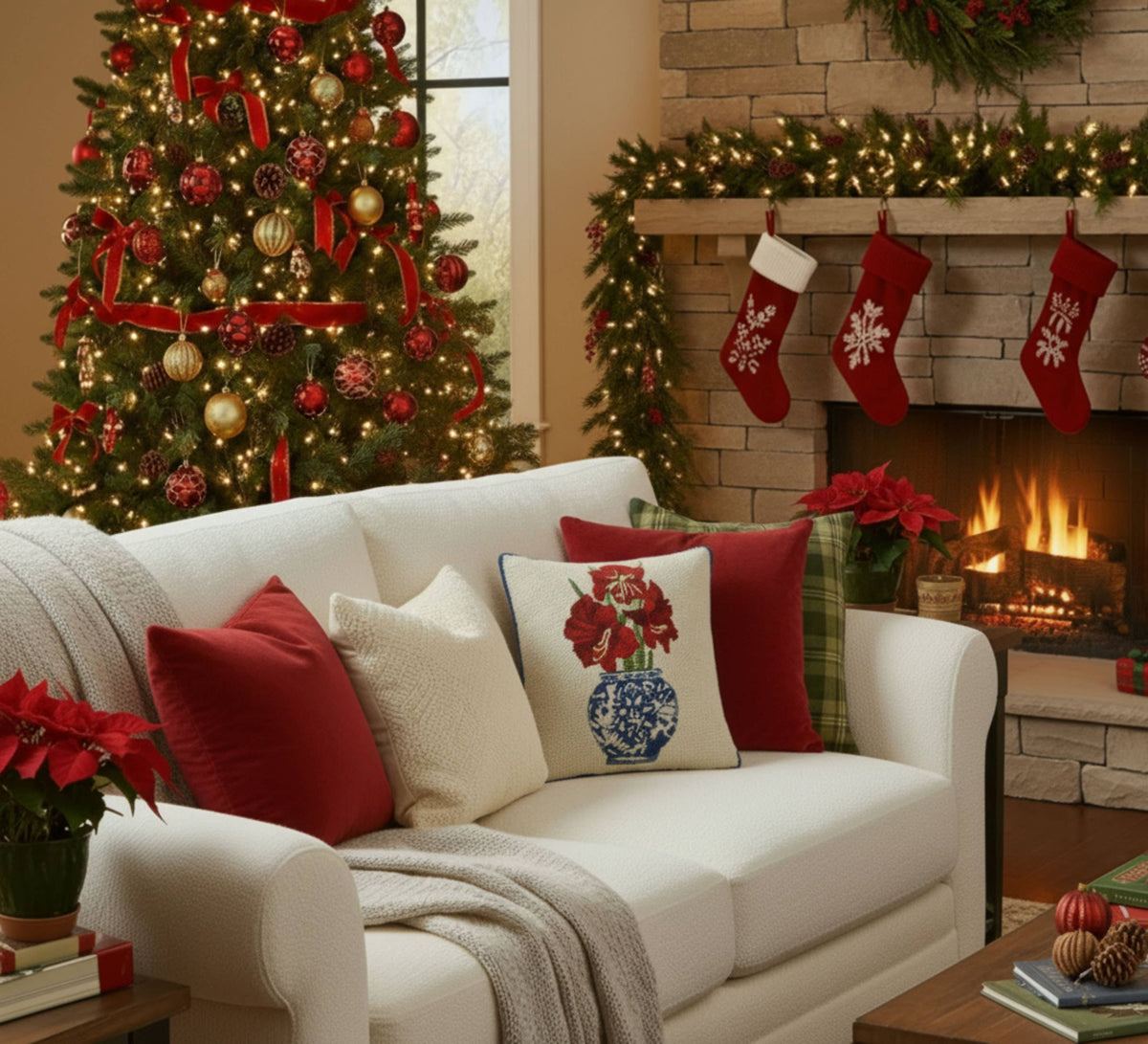 Holiday Chinoiserie Amaryllis Hook Pillow - Sally Eckman Roberts