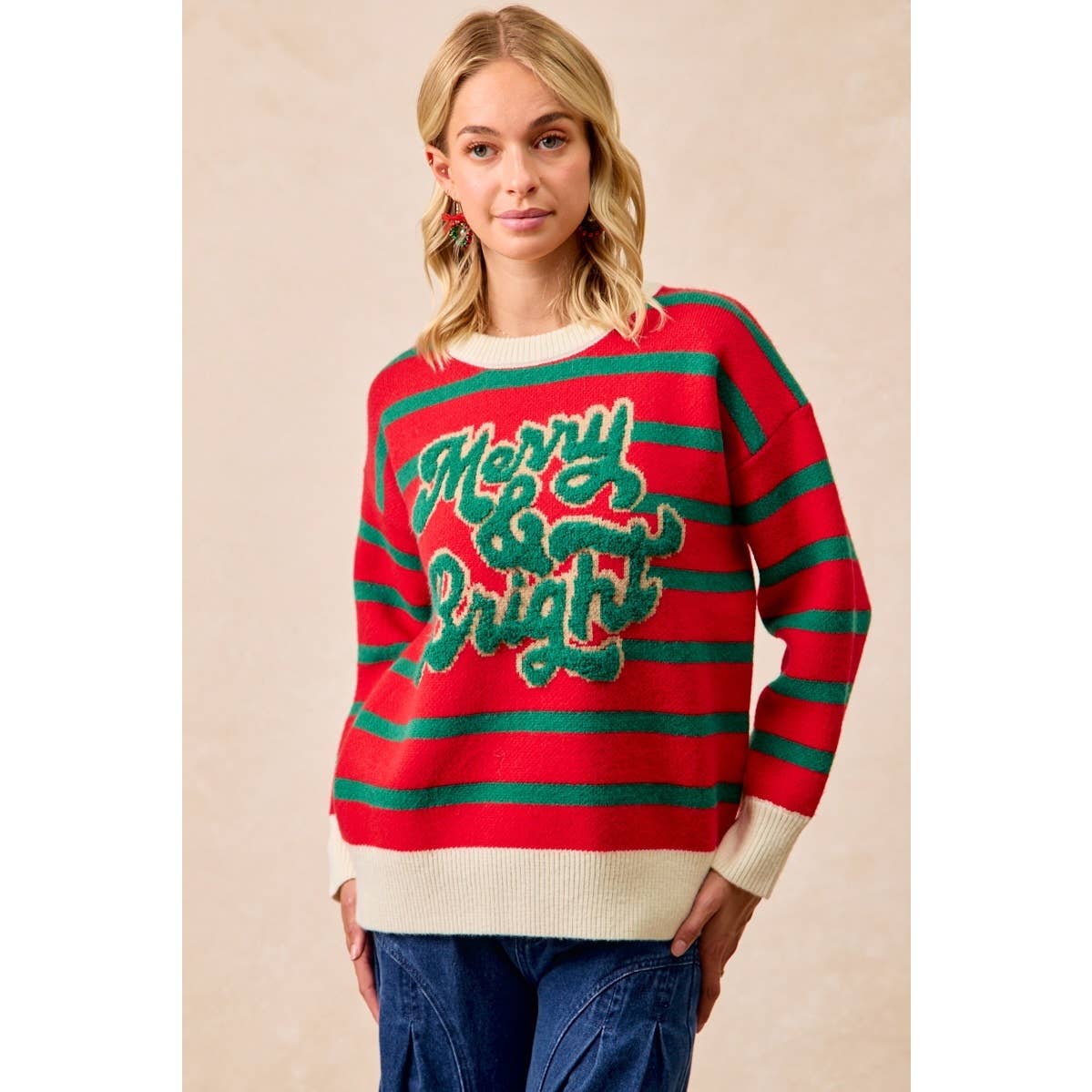 CHRISTMAS THEME STRIPE KNIT TOP: IVORY/RED / L