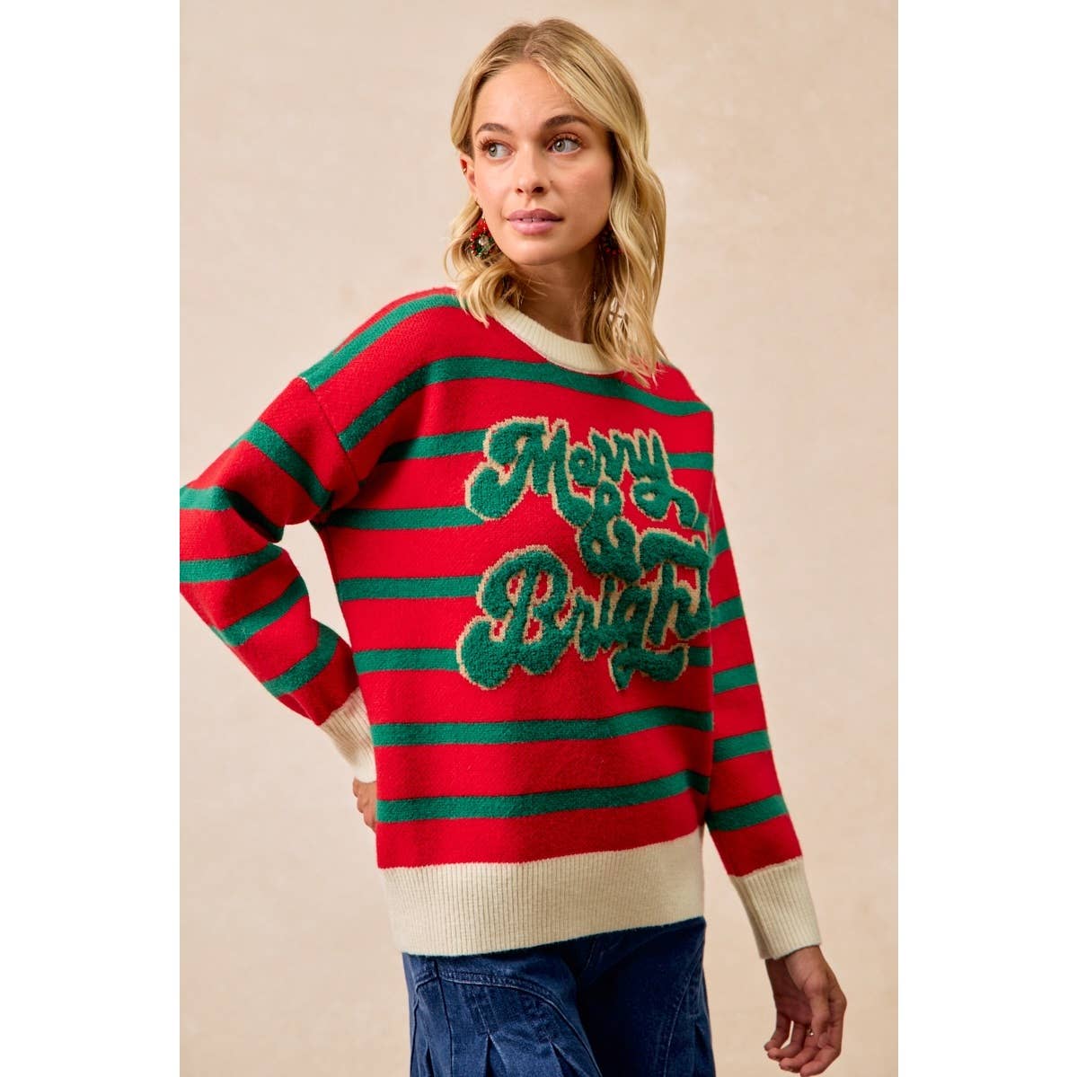 CHRISTMAS THEME STRIPE KNIT TOP: IVORY/RED / L