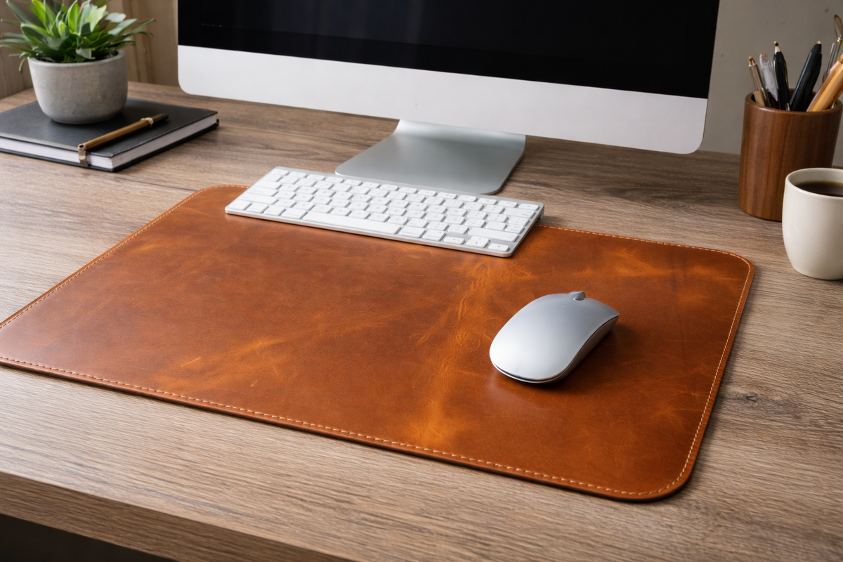 Premium Genuine Leather Mouse Pad, Stitched Edges : Light Brown