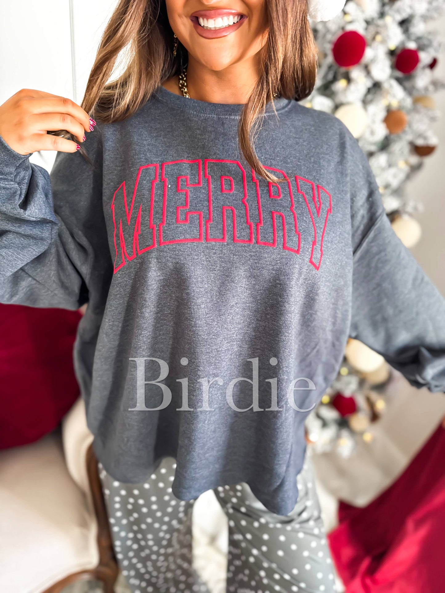 Merry Cropped Graphic Crewneck on Dark Heather Gray: L