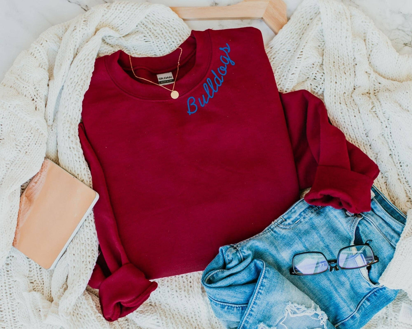 Embroidered Mascot Sweatshirt - Custom Collar Team Sweater: Sand / Small