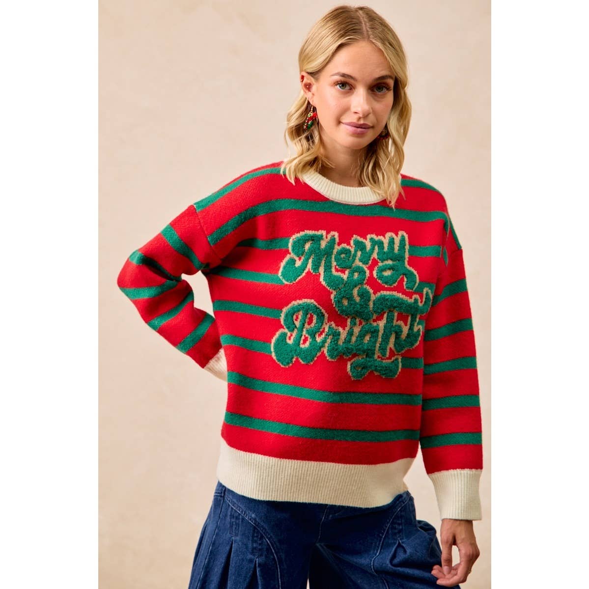 CHRISTMAS THEME STRIPE KNIT TOP: IVORY/RED / L