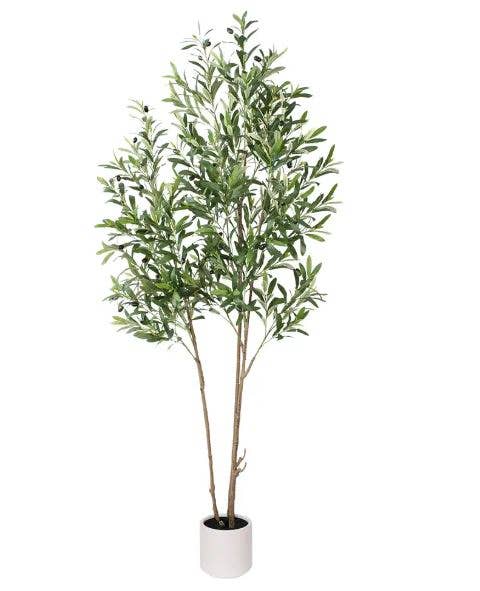 7" Green Artificial Olive In Cylindrical White Cement Pot
