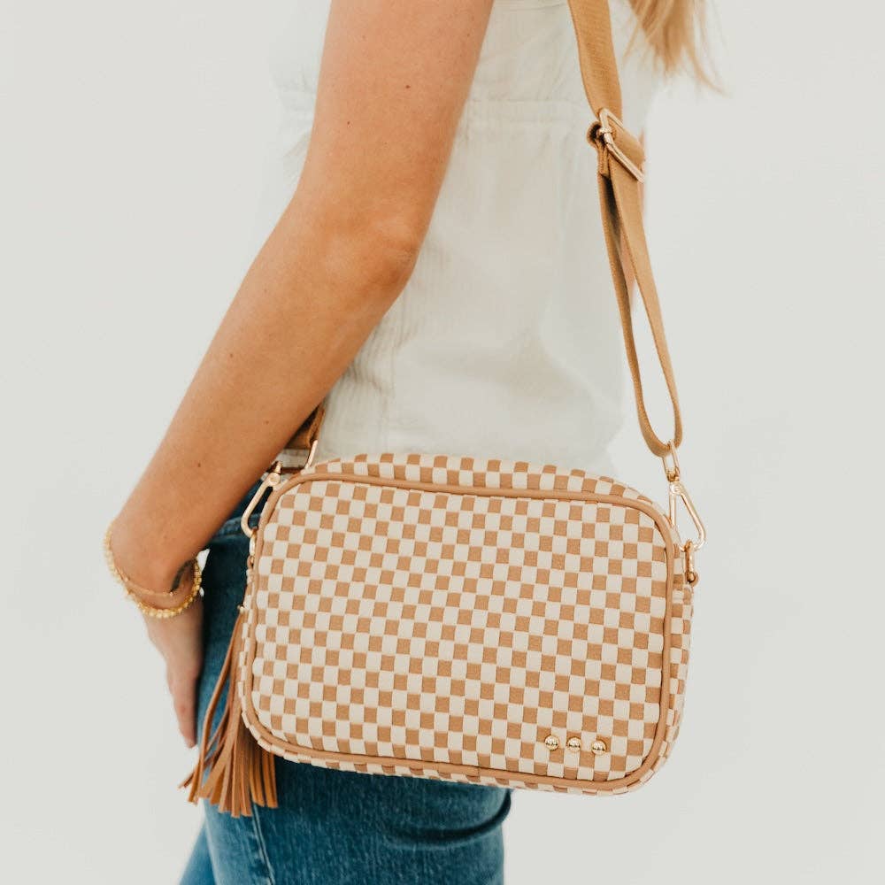 Woven Willow Camera Crossbody Bag: Checkered Coffee