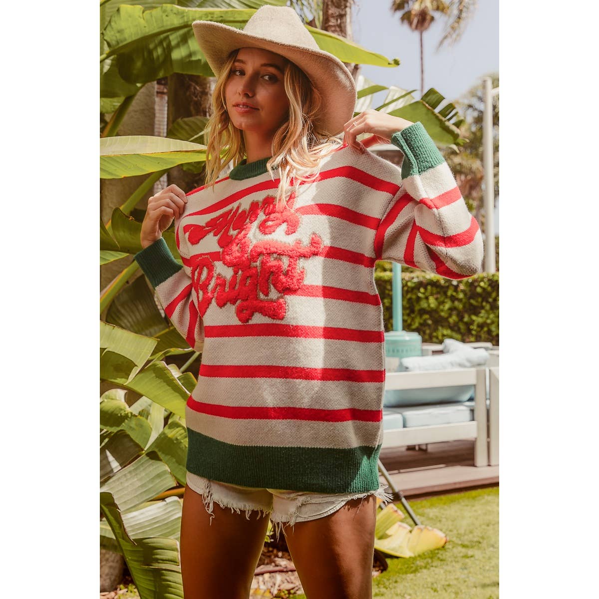 CHRISTMAS THEME STRIPE KNIT TOP: IVORY/RED / L