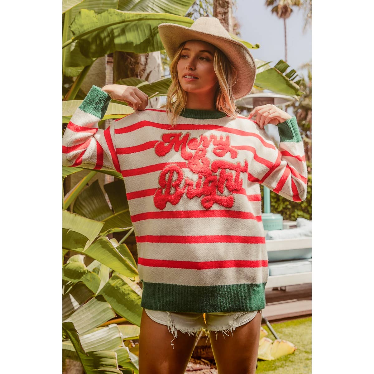 CHRISTMAS THEME STRIPE KNIT TOP: IVORY/RED / L