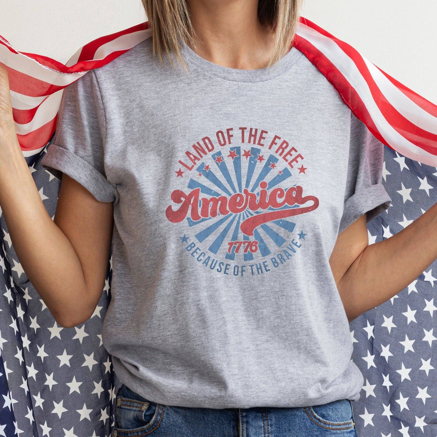 Retro Land of the Free Patriotic T-Shirt: Heather White / XLarge