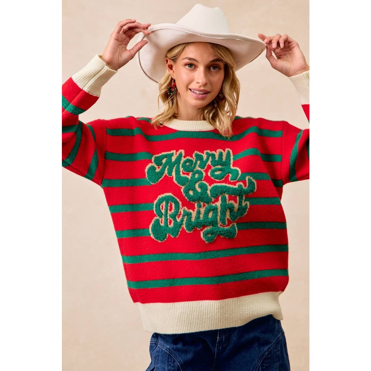 CHRISTMAS THEME STRIPE KNIT TOP: IVORY/RED / L