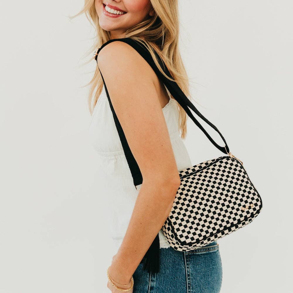 Woven Willow Camera Crossbody Bag: Checkered Coffee