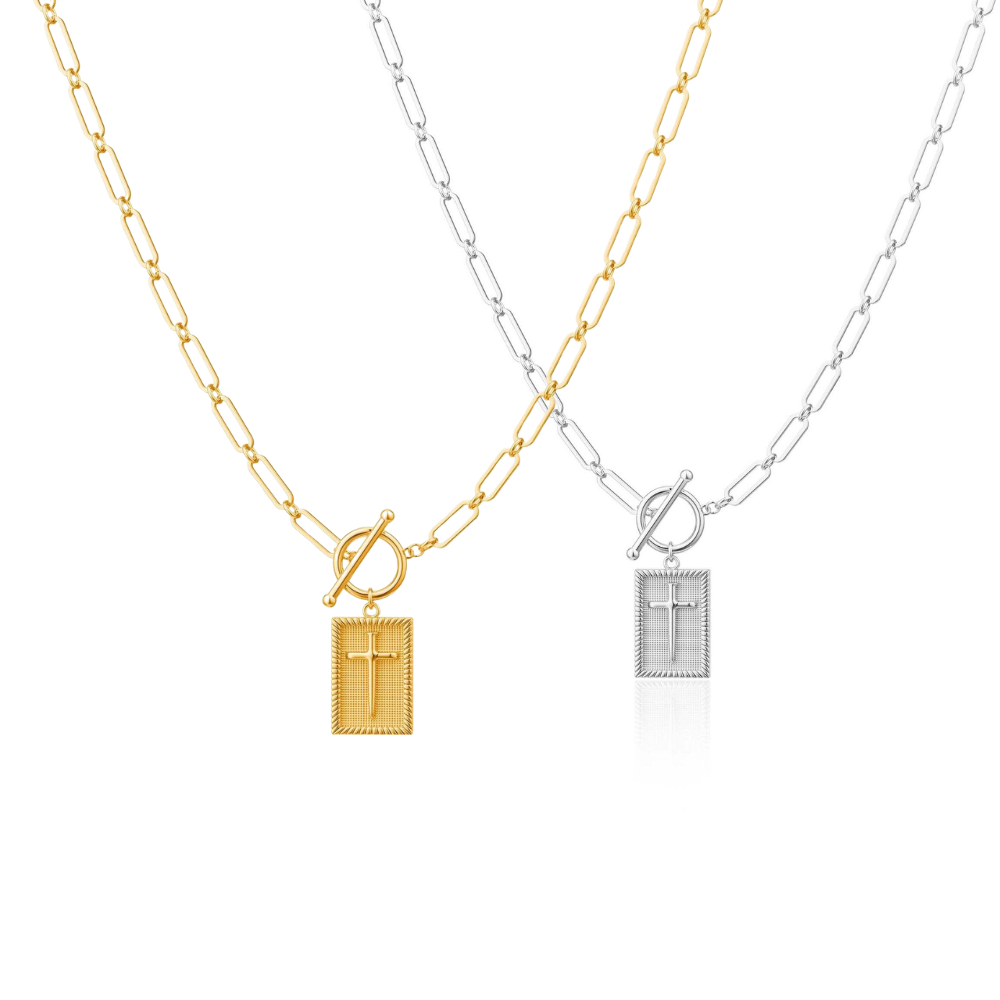 Framed Cross Toggle Necklace 18k Gold Non Tarnish Water Resistant: Gold