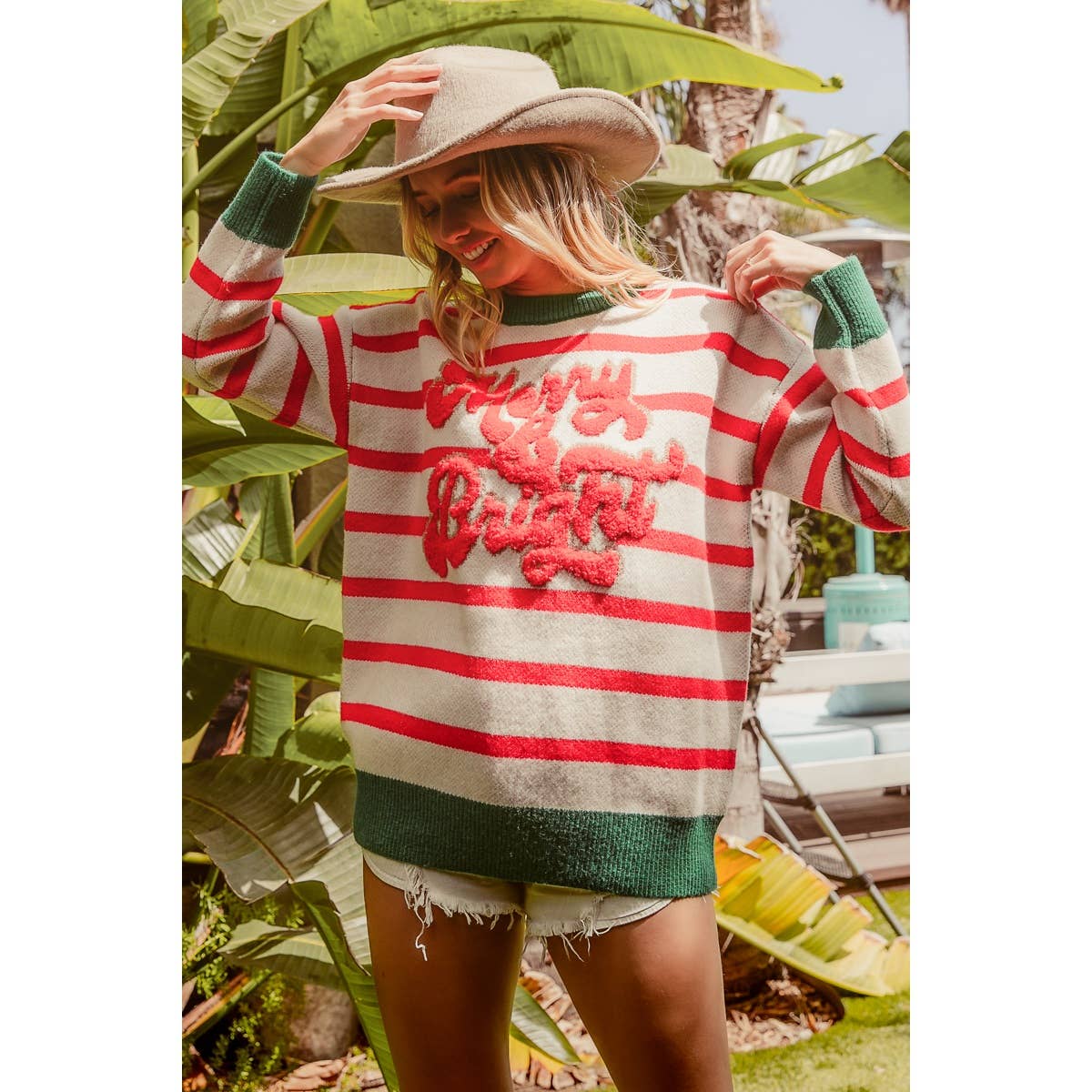 CHRISTMAS THEME STRIPE KNIT TOP: IVORY/RED / L