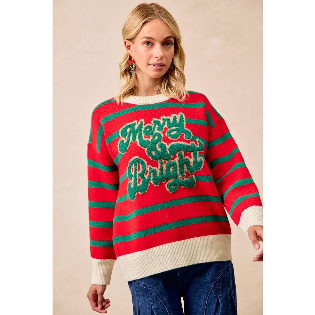 CHRISTMAS THEME STRIPE KNIT TOP: IVORY/RED / L