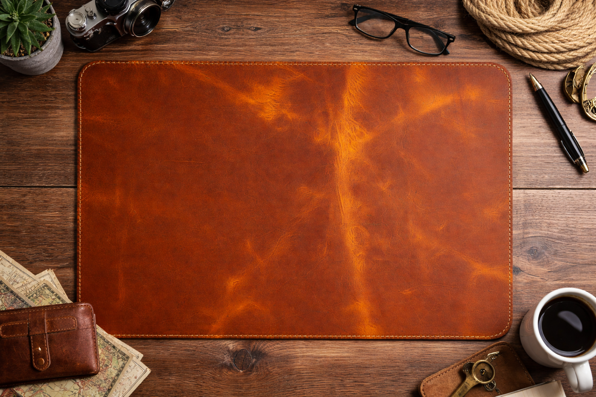 Premium Genuine Leather Mouse Pad, Stitched Edges : Light Brown