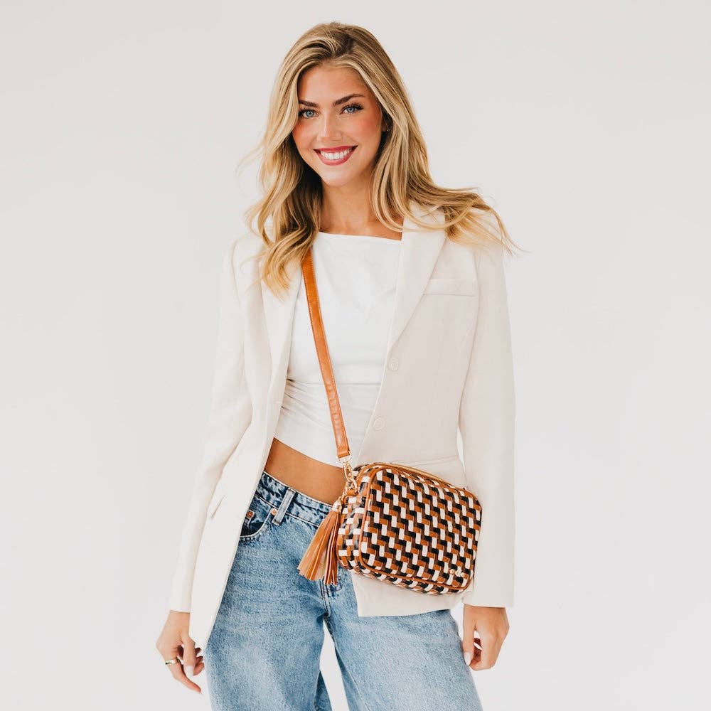 Woven Willow Camera Crossbody Bag: Checkered Coffee