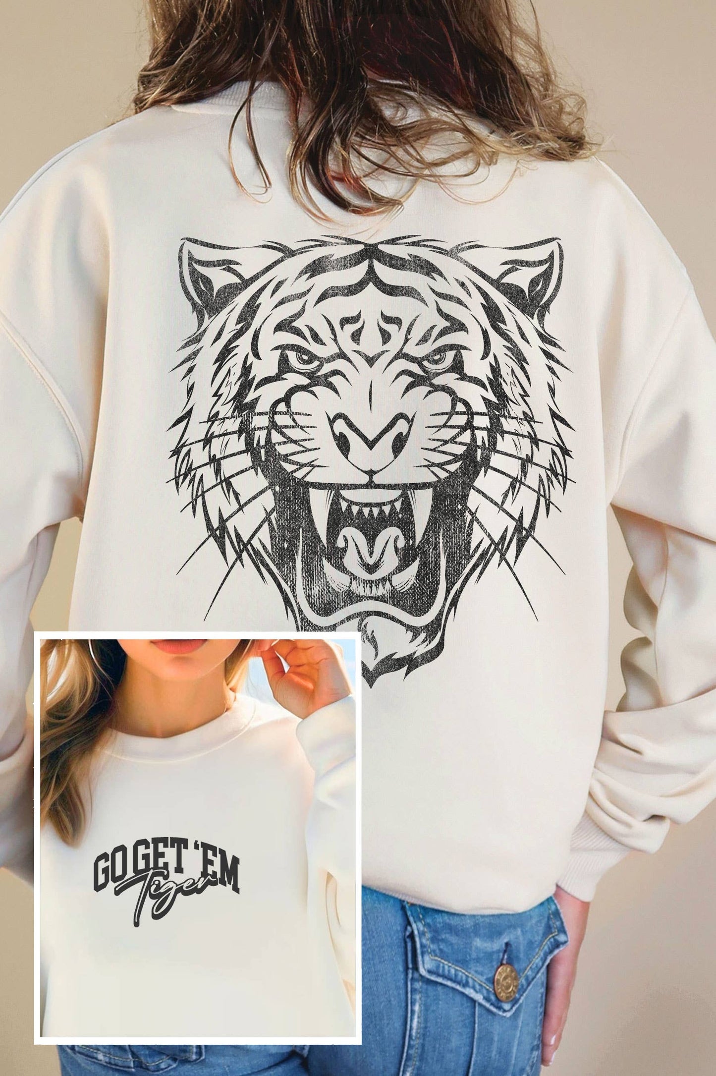 GO GET'EM ROARING TIGER PUFF F&B GRAPHIC BRUSHED SWEATSHIRTS: OAT