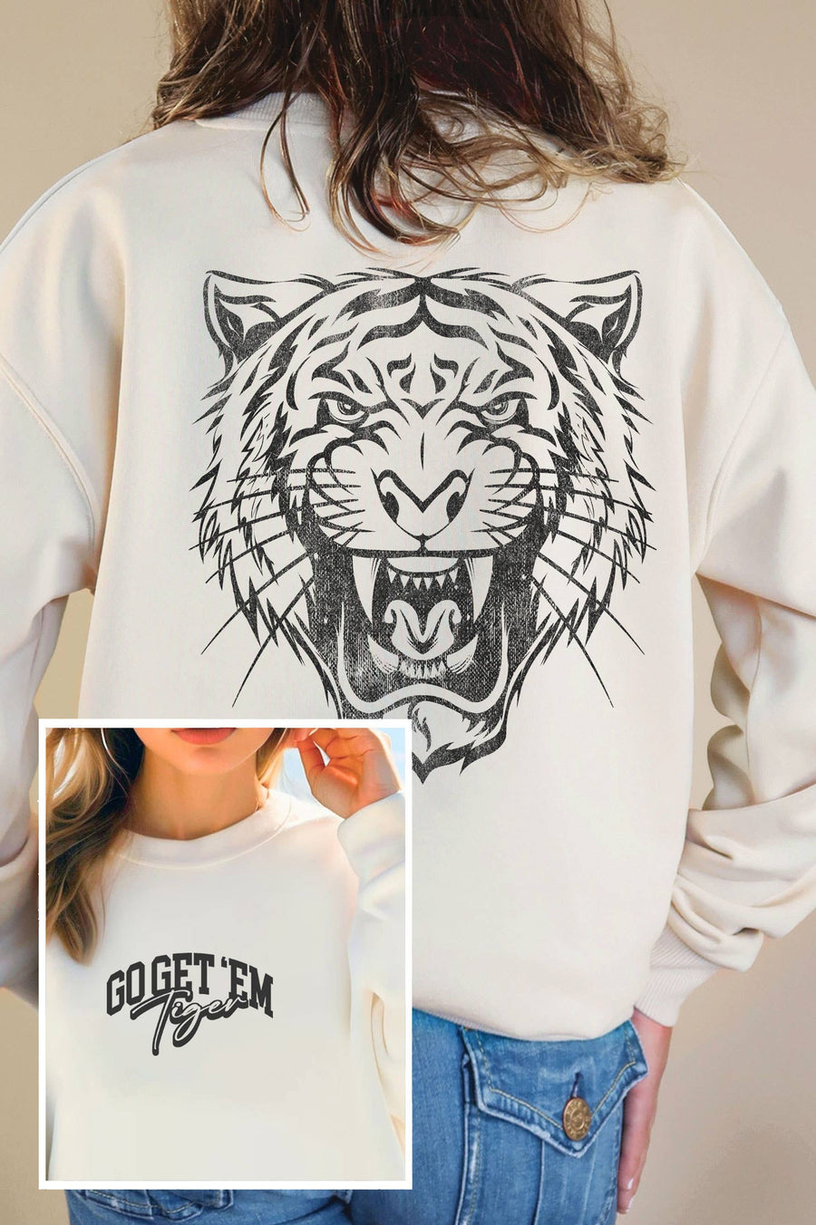 GO GET'EM ROARING TIGER PUFF F&B GRAPHIC BRUSHED SWEATSHIRTS: OAT