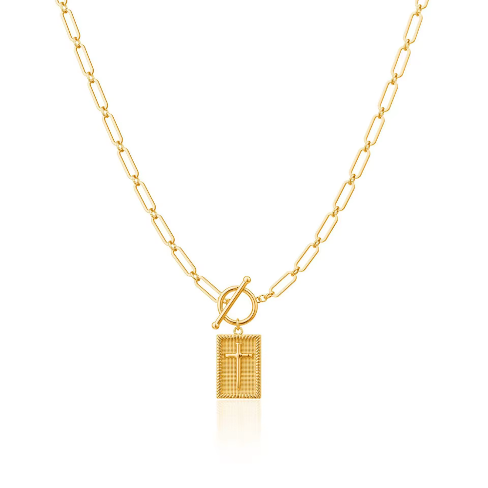 Framed Cross Toggle Necklace 18k Gold Non Tarnish Water Resistant: Gold
