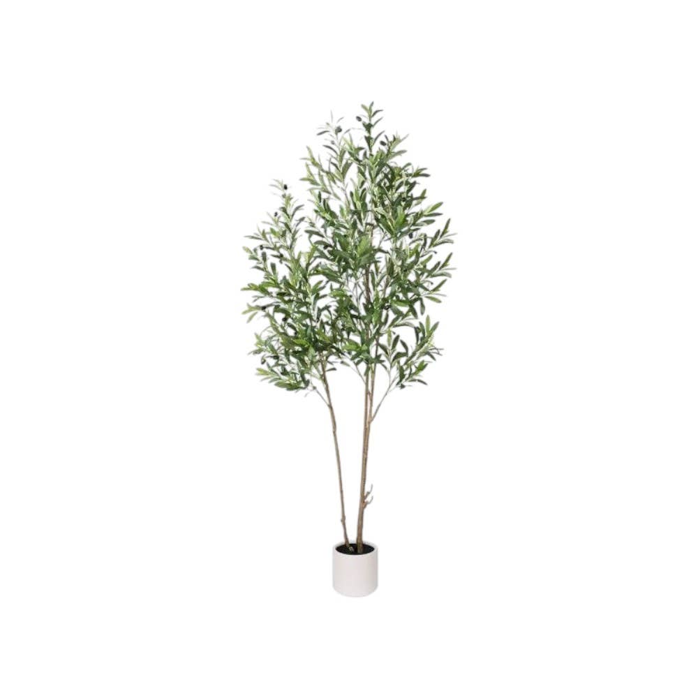 7" Green Artificial Olive In Cylindrical White Cement Pot