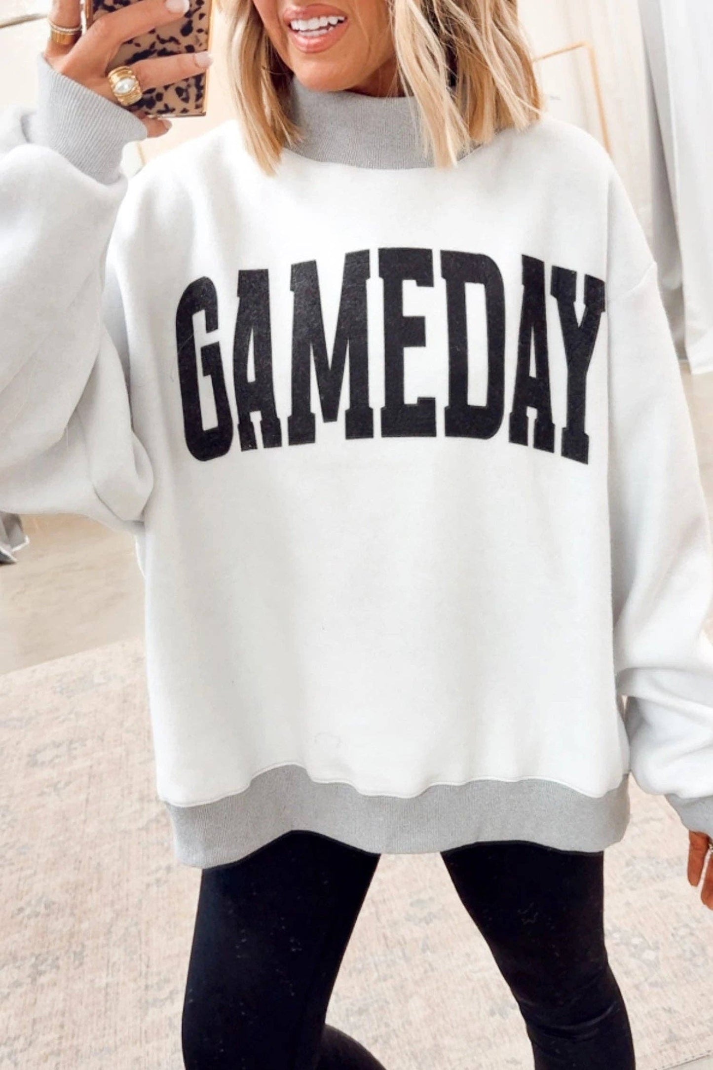 Light Grey High Neck Game Day Sweatshirt Slogan Print Tunic Top: Gray / 65%Polyester+35%Cotton / S