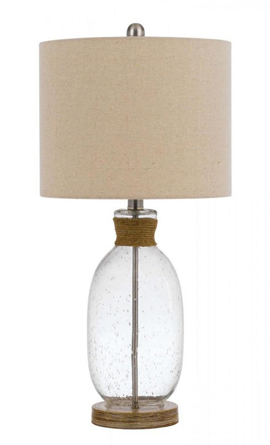 Seymour bubbled glass table lamp with resin base and hardback drum linen shade