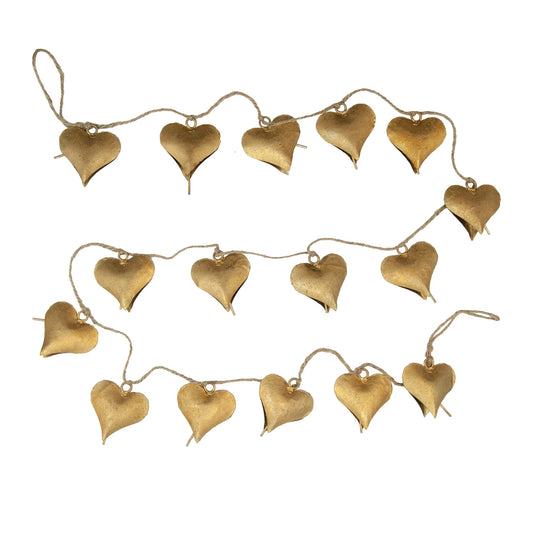 Metal Gold heart shaped Bell Garland w/ Jute cord